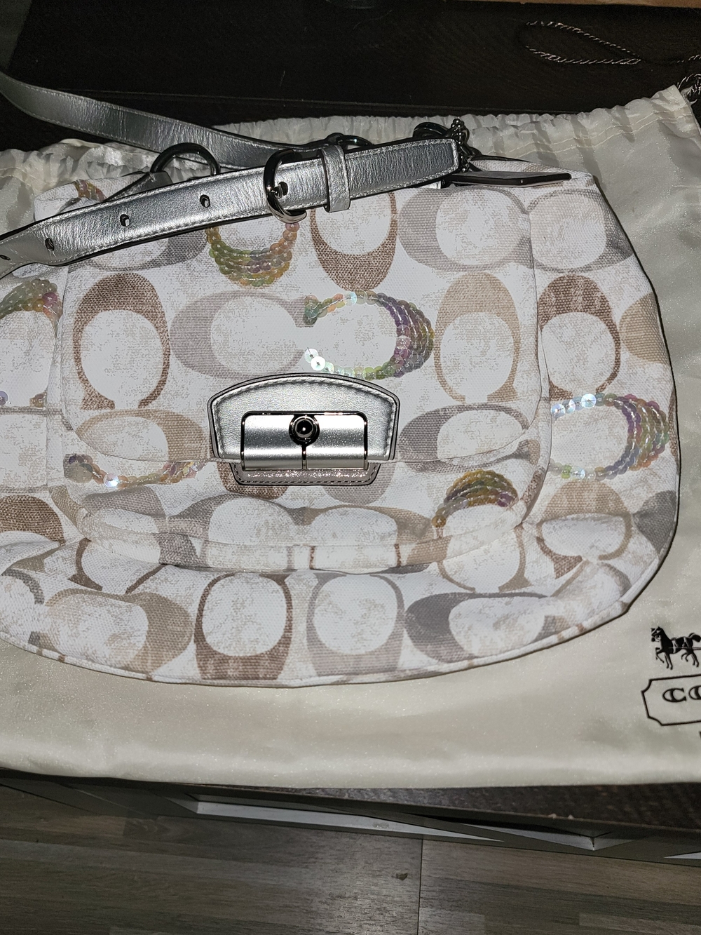 Coach Signature Sequin Accent Crossbody Bag in Beige/Silver